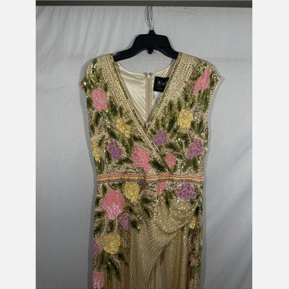 NWT‎ Mac Duggal [ 14 ] Floral Plunging Floral Beaded V-neck Gown in Yellow - Picture 9 of 15